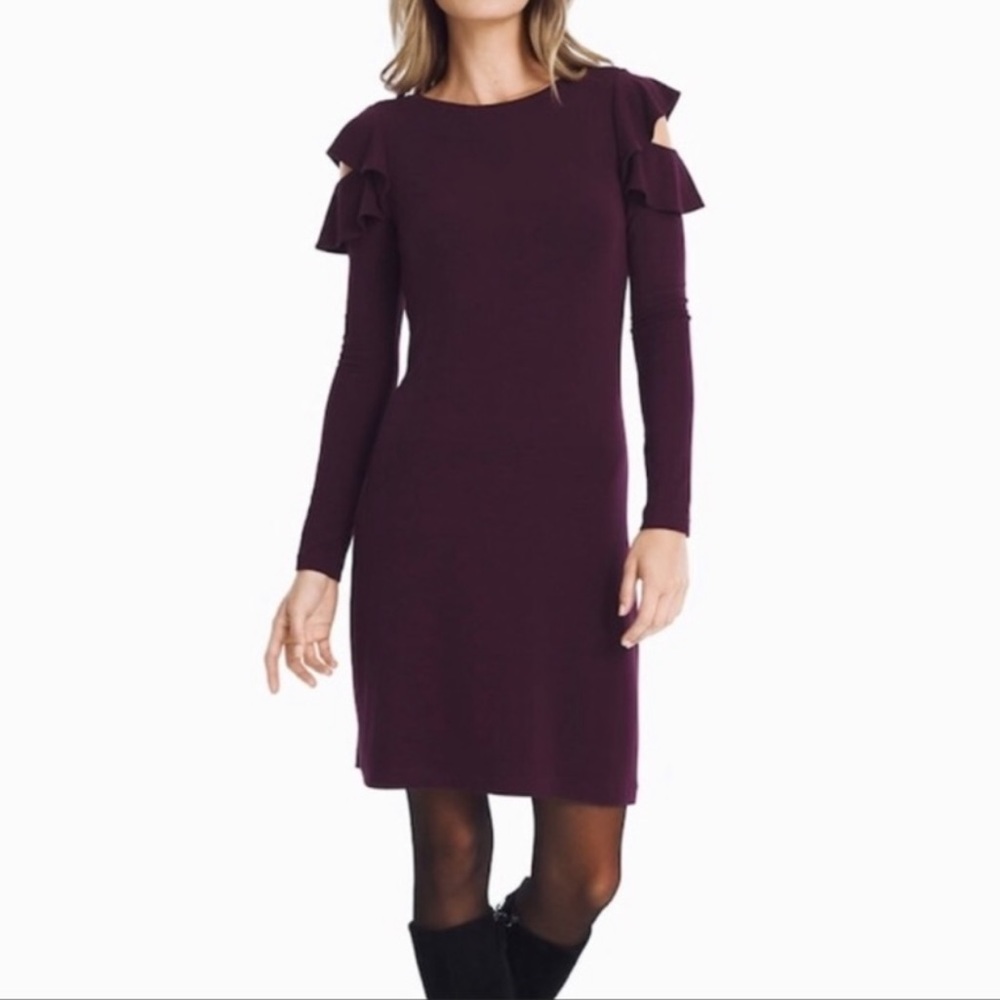 White House Black Market Cold Shoulder Dress Ruffle Long Sleeve Medium Petite